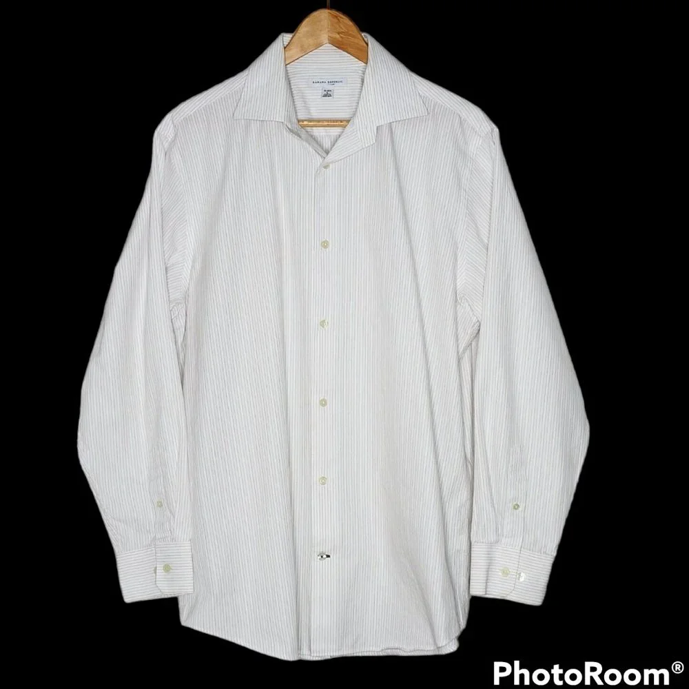 Banana Republic Button Up Shirt Large 16 - 16.5 White with Red Blue Pinstripes